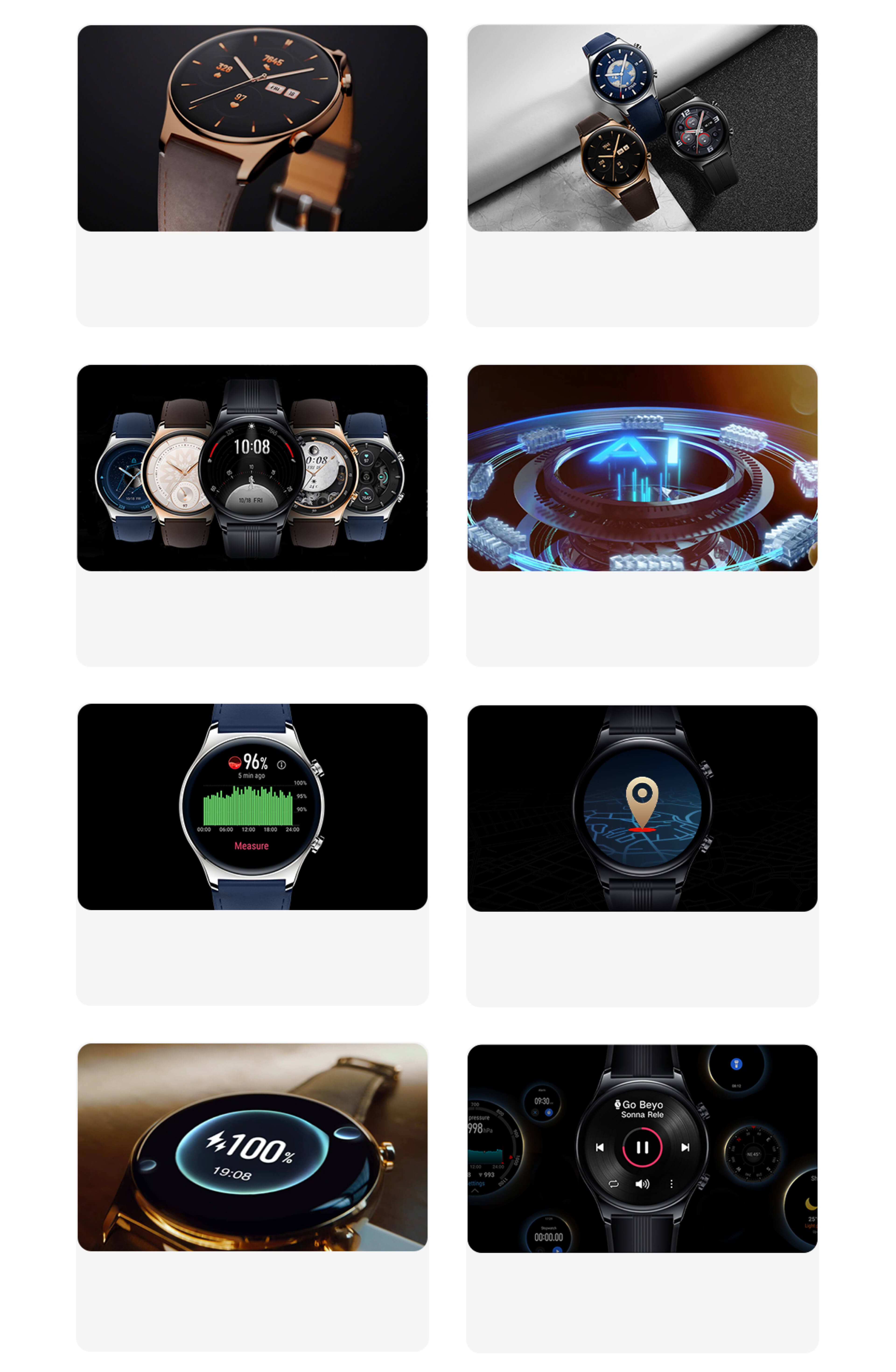 Otto caratteristiche di HONOR Watch GS 3:design sottile, tre colori, stili creativi, motore AI per la frequenza cardiaca, monitoraggio dell'ossigeno nel sangue, posizionamento preciso, carica rapida, assistente pratico.
